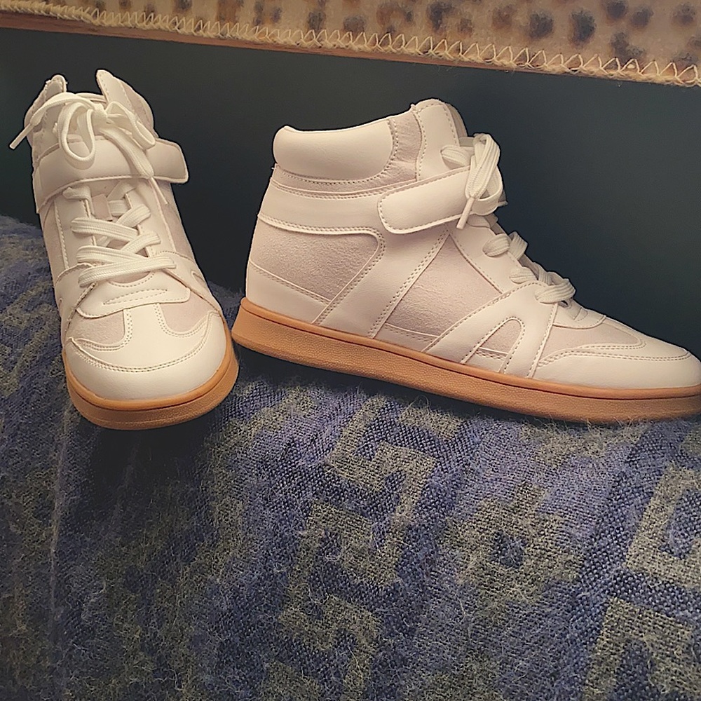 White and grey high top shoes, sneakers
